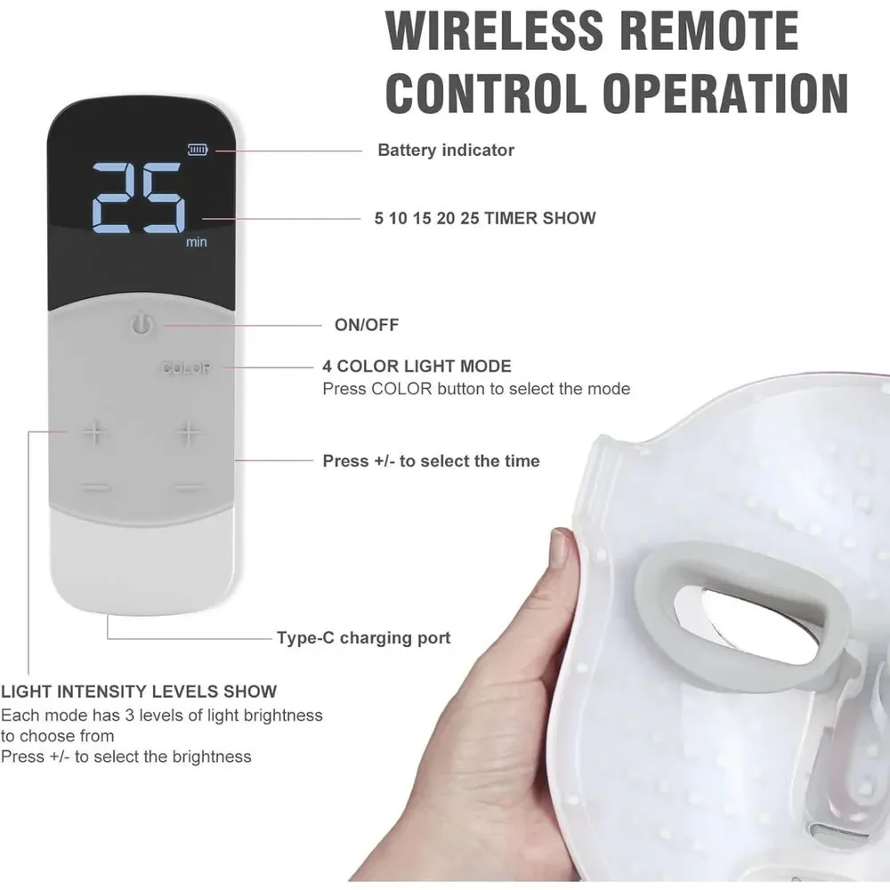 Auxoliev LED Facial Skincare Mask 4 Modes Remote Rechargeable Pink
